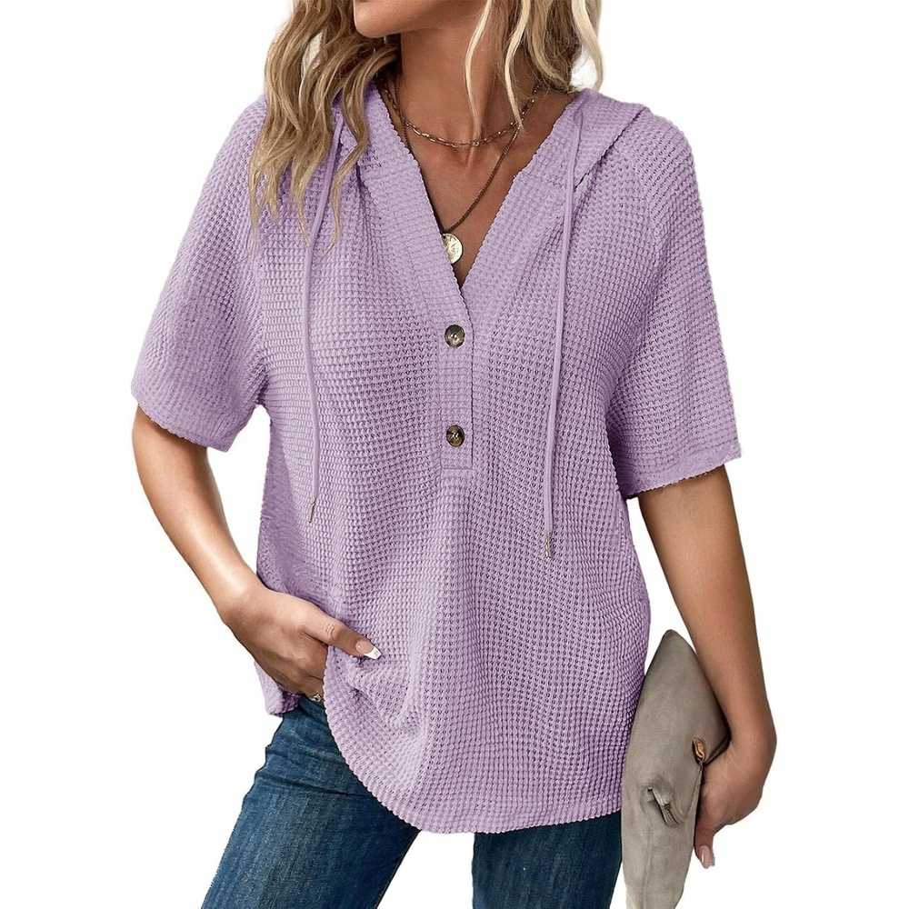 image:imageDokotoo Womens Summer Tops Waffle Knit Short Sleeve Lightweight Drawstring Hoodies Button V Neck Casual Blouses ShirtsLight Purple