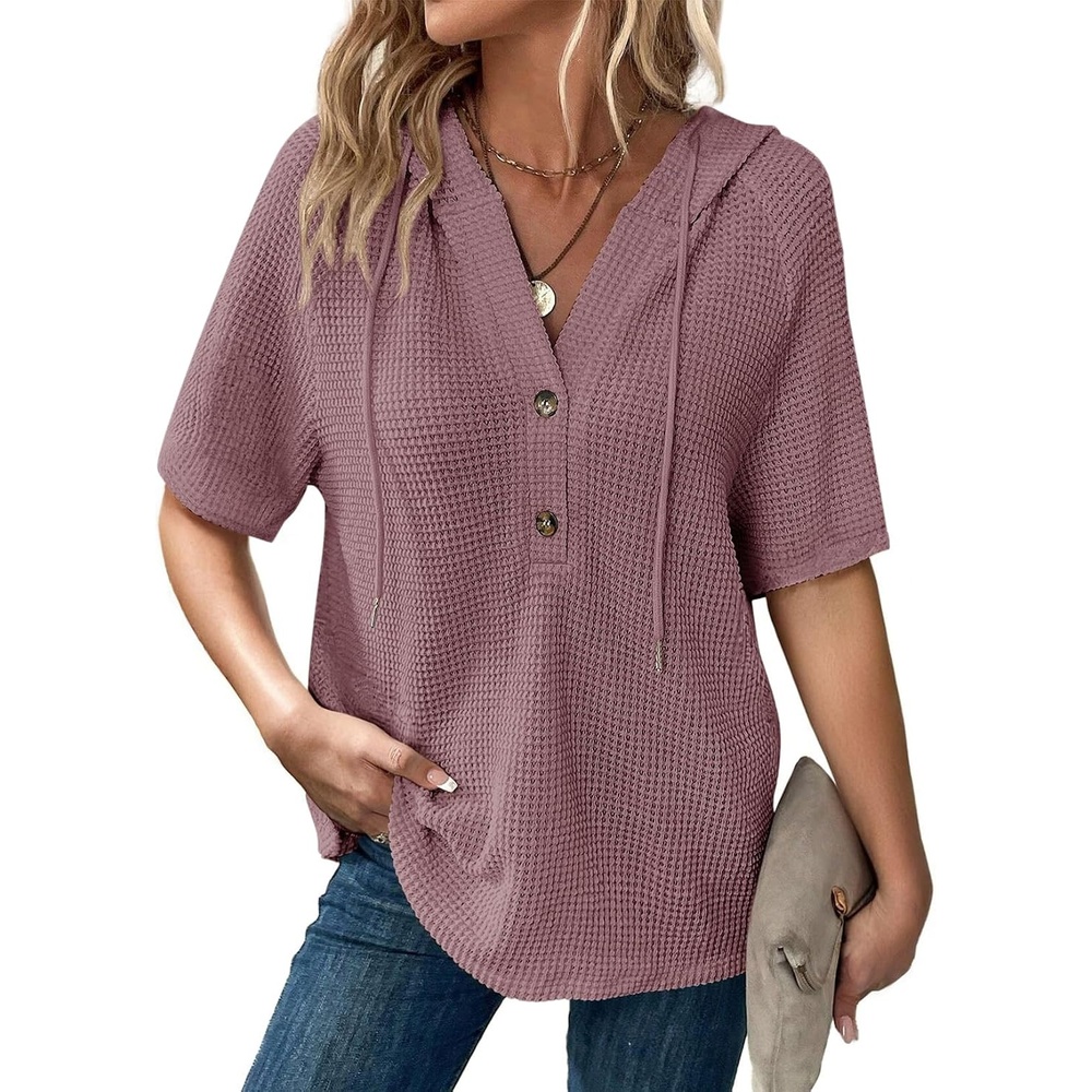 image:imageDokotoo Womens Summer Tops Waffle Knit Short Sleeve Lightweight Drawstring Hoodies Button V Neck Casual Blouses ShirtsPurple