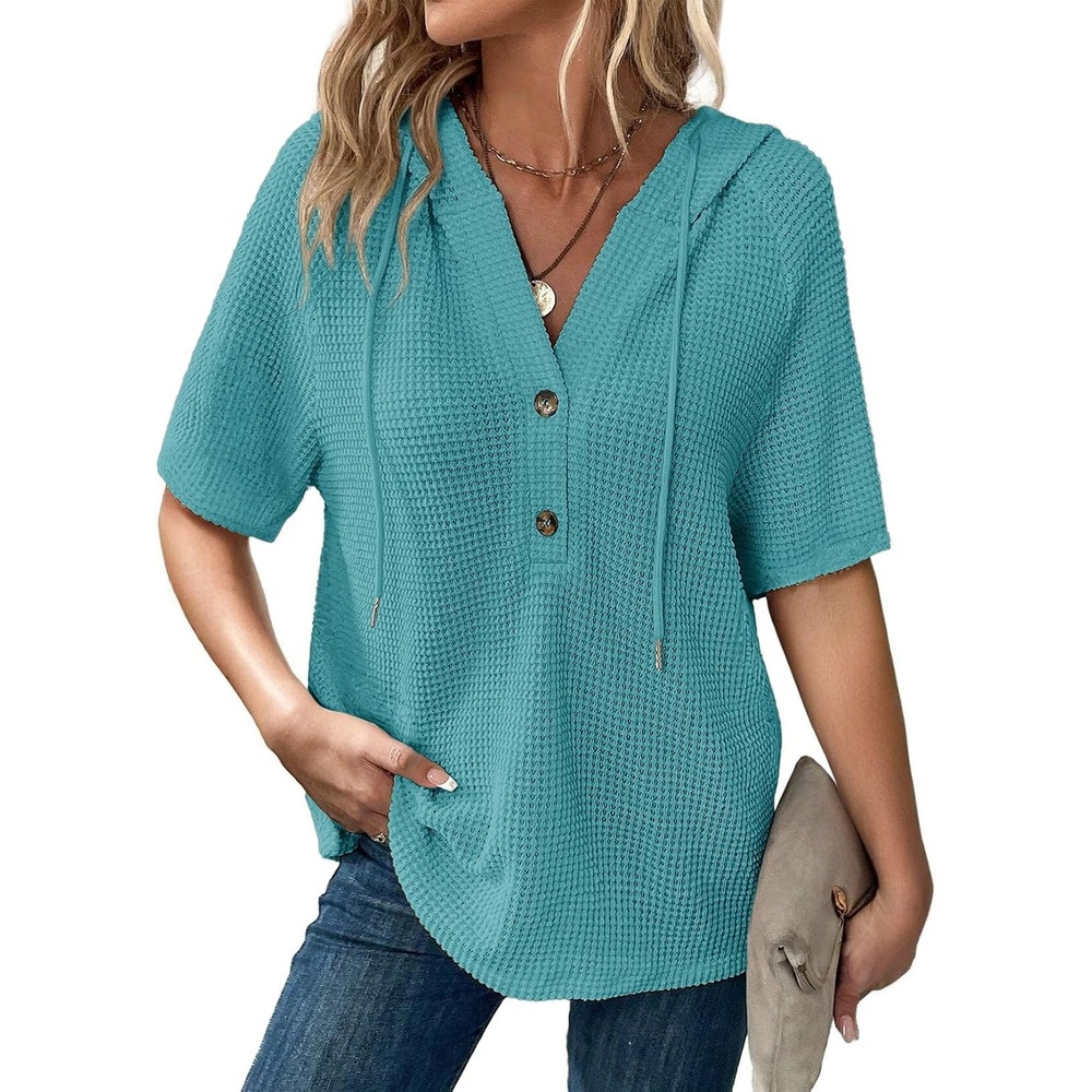 image:imageDokotoo Womens Summer Tops Waffle Knit Short Sleeve Lightweight Drawstring Hoodies Button V Neck Casual Blouses ShirtsSky Blue