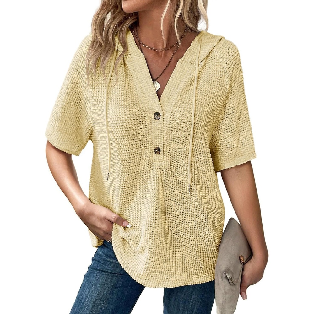 image:imageDokotoo Womens Summer Tops Waffle Knit Short Sleeve Lightweight Drawstring Hoodies Button V Neck Casual Blouses ShirtsYellow