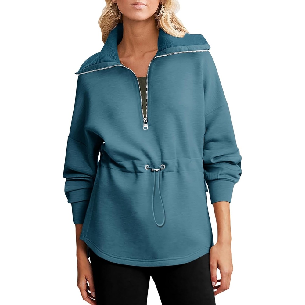 image:imageDokotoo Womens Sweatshirt Oversized Half Zip Up Drawstring Waist Long Sleeve Side Slits Soft Casual Pullover Sweatshirts TopsBlue