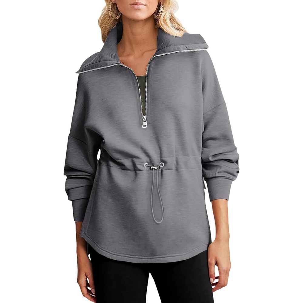 image:imageDokotoo Womens Sweatshirt Oversized Half Zip Up Drawstring Waist Long Sleeve Side Slits Soft Casual Pullover Sweatshirts TopsGrey