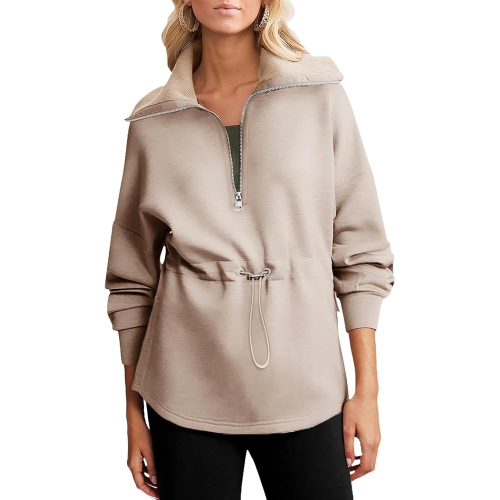 image:imageDokotoo Womens Sweatshirt Oversized Half Zip Up Drawstring Waist Long Sleeve Side Slits Soft Casual Pullover Sweatshirts TopsKhaki