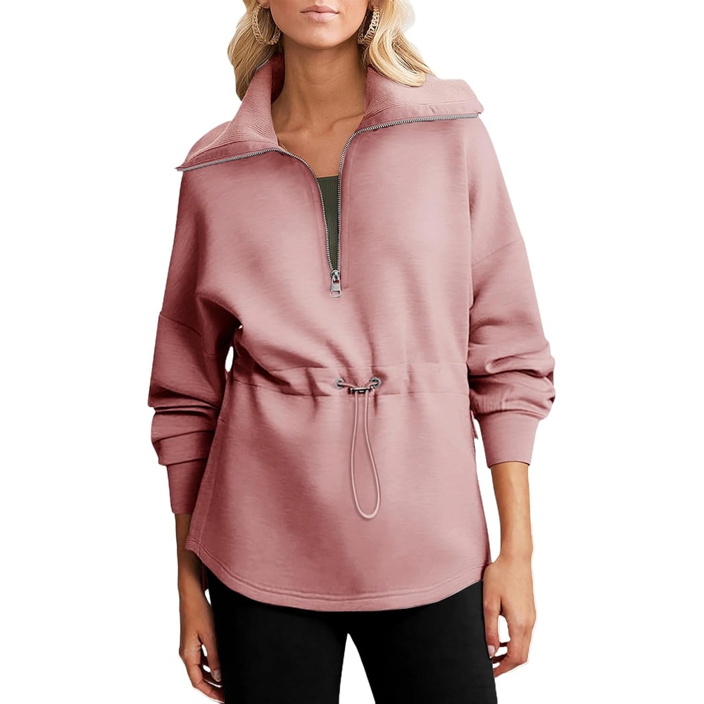 image:imageDokotoo Womens Sweatshirt Oversized Half Zip Up Drawstring Waist Long Sleeve Side Slits Soft Casual Pullover Sweatshirts TopsPink