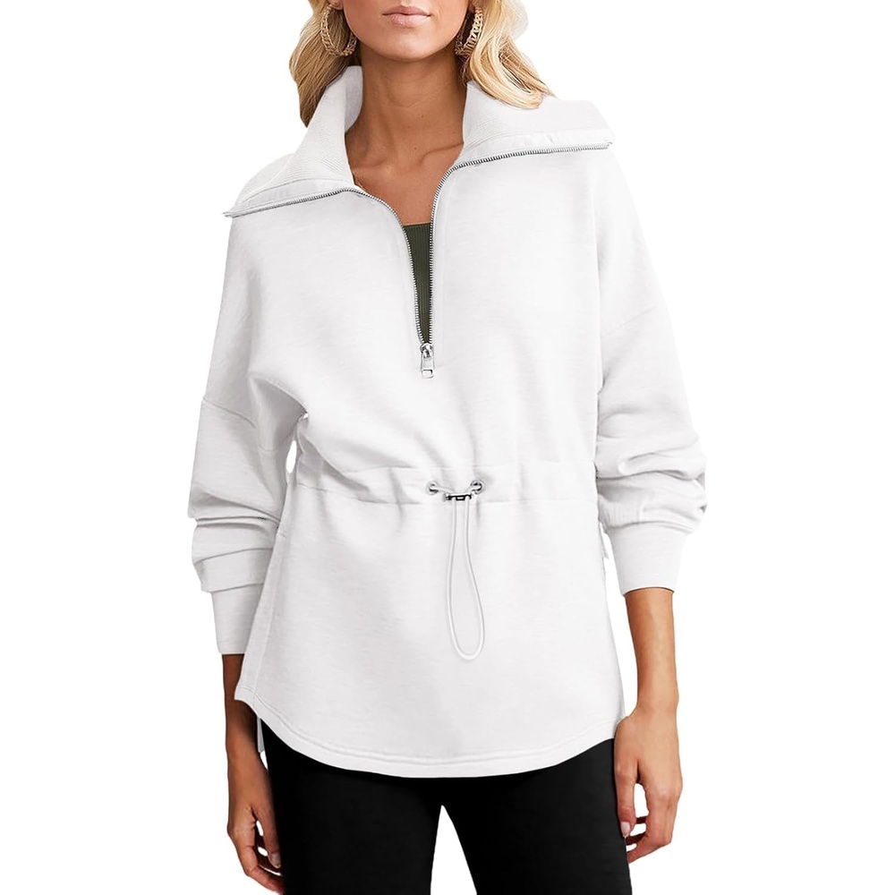 image:imageDokotoo Womens Sweatshirt Oversized Half Zip Up Drawstring Waist Long Sleeve Side Slits Soft Casual Pullover Sweatshirts TopsWhite