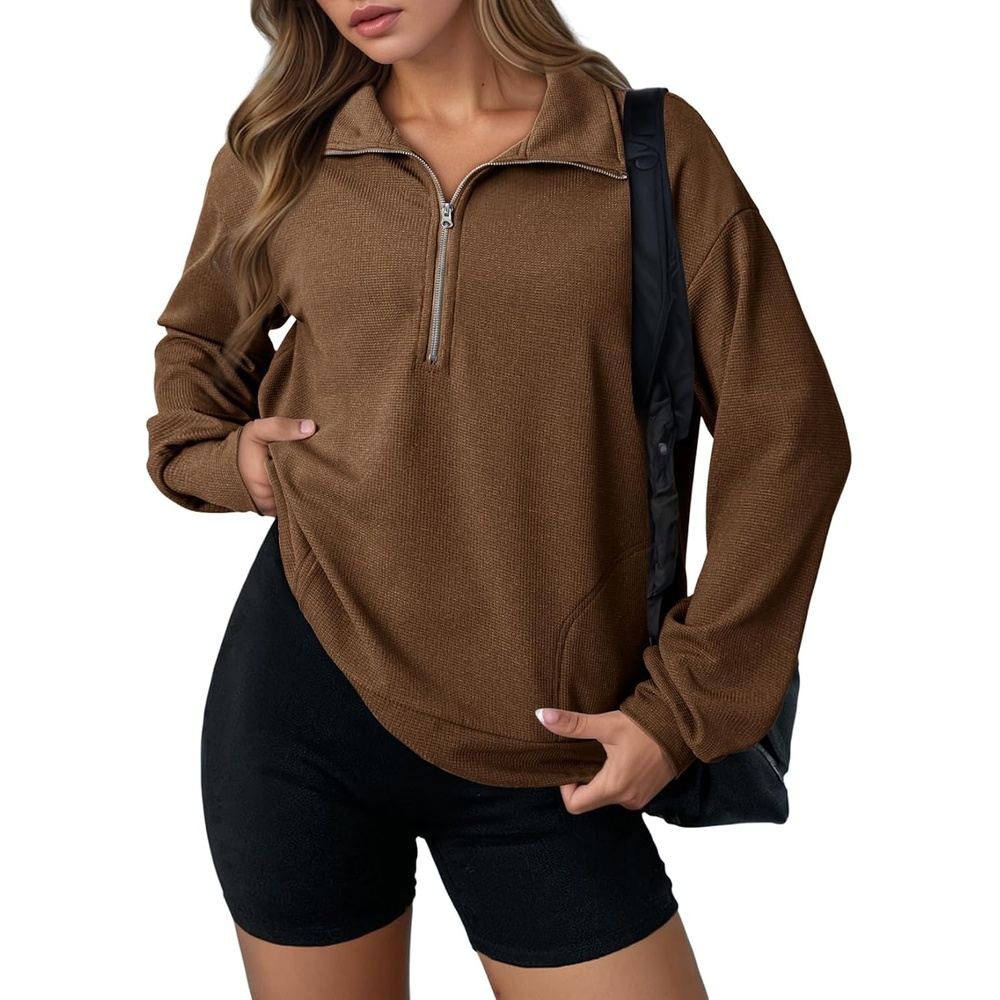 image:imageDokotoo Womens Sweatshirt Waffle Knit Long Sleeve Lapel Half Zip Up Casual Lightweight Soft Sweatshirts Loose Pullover TopsBrown