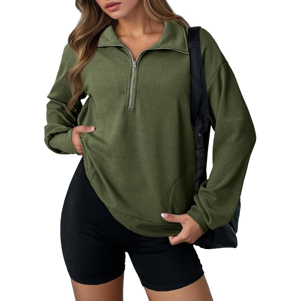 image:imageDokotoo Womens Sweatshirt Waffle Knit Long Sleeve Lapel Half Zip Up Casual Lightweight Soft Sweatshirts Loose Pullover TopsGreen