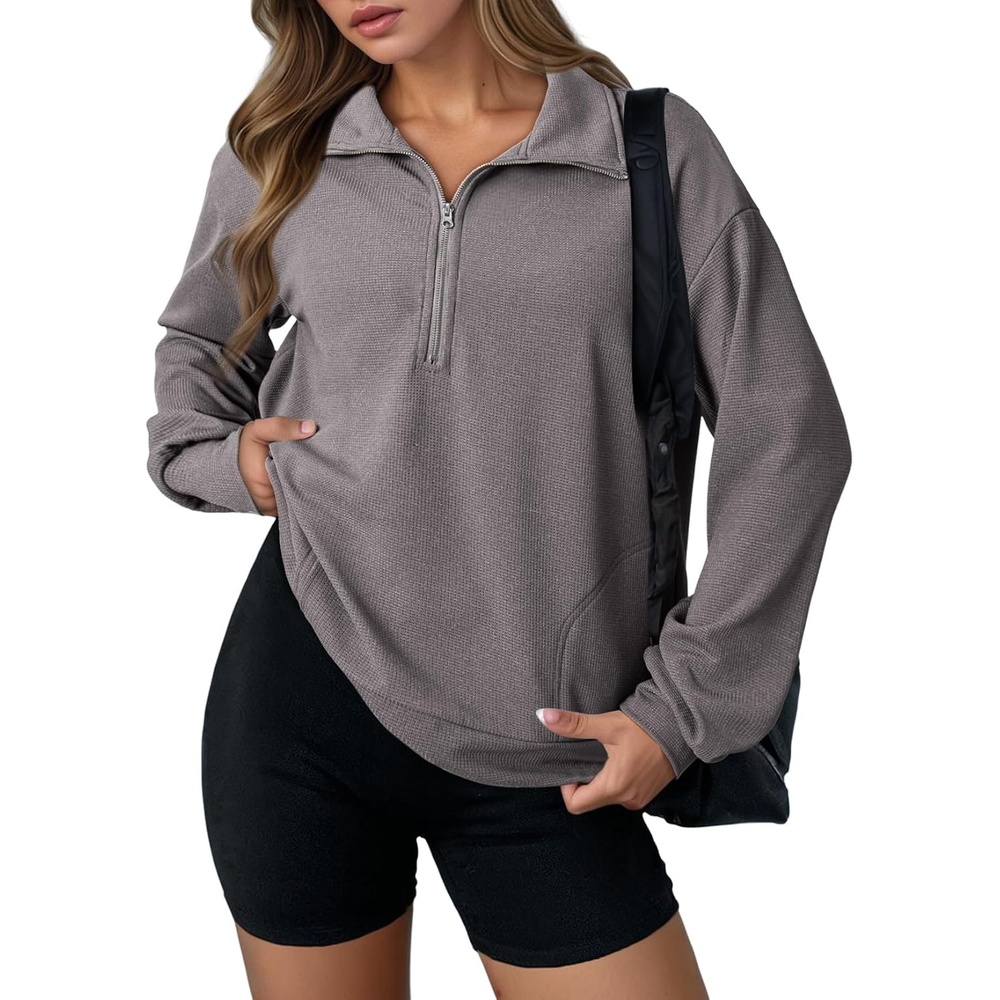 image:imageDokotoo Womens Sweatshirt Waffle Knit Long Sleeve Lapel Half Zip Up Casual Lightweight Soft Sweatshirts Loose Pullover TopsGrey