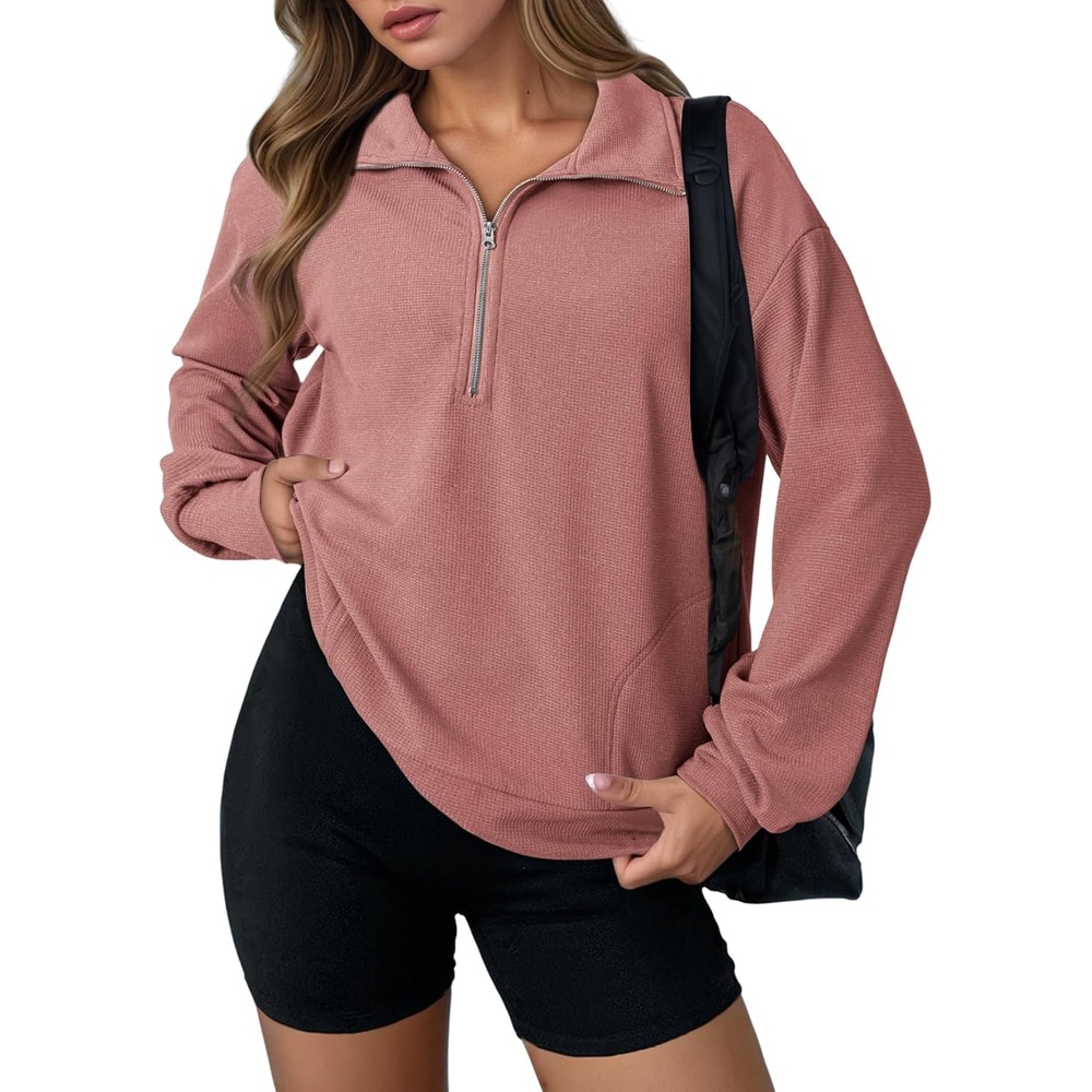 image:imageDokotoo Womens Sweatshirt Waffle Knit Long Sleeve Lapel Half Zip Up Casual Lightweight Soft Sweatshirts Loose Pullover TopsPink