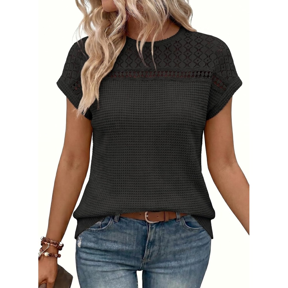 image:imageDokotoo Womens Tops Casual Scoop Neck Short Sleeve Waffle Knit Hollow Out Shirts Loose Tunic Tops BlousesBlack