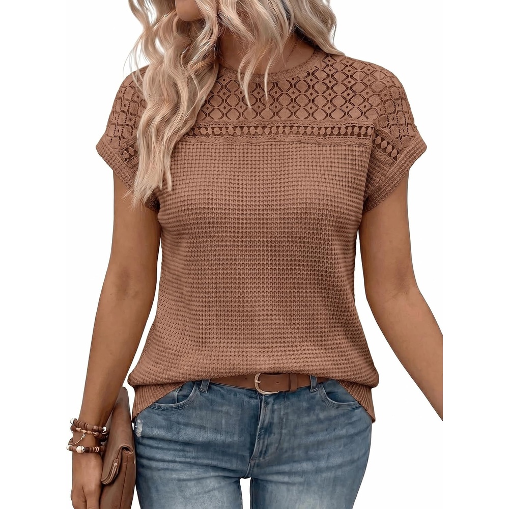image:imageDokotoo Womens Tops Casual Scoop Neck Short Sleeve Waffle Knit Hollow Out Shirts Loose Tunic Tops BlousesChestnut