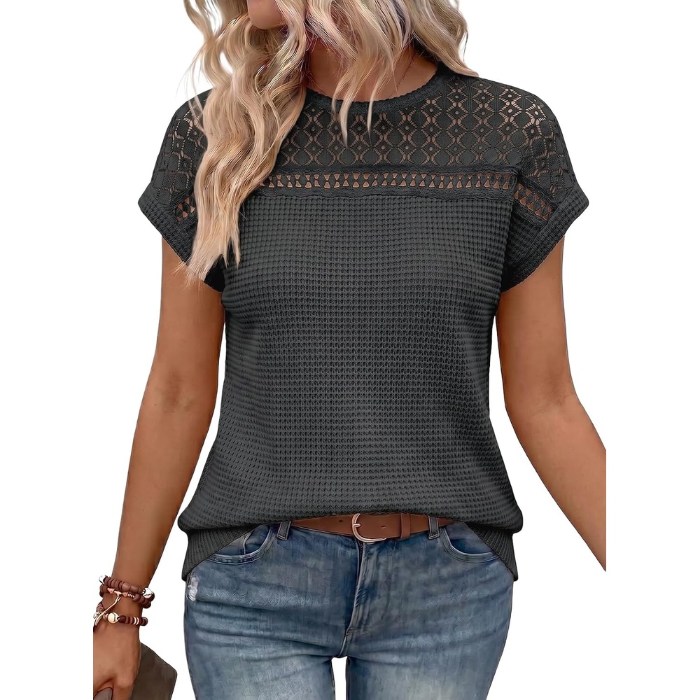 image:imageDokotoo Womens Tops Casual Scoop Neck Short Sleeve Waffle Knit Hollow Out Shirts Loose Tunic Tops BlousesDark Grey