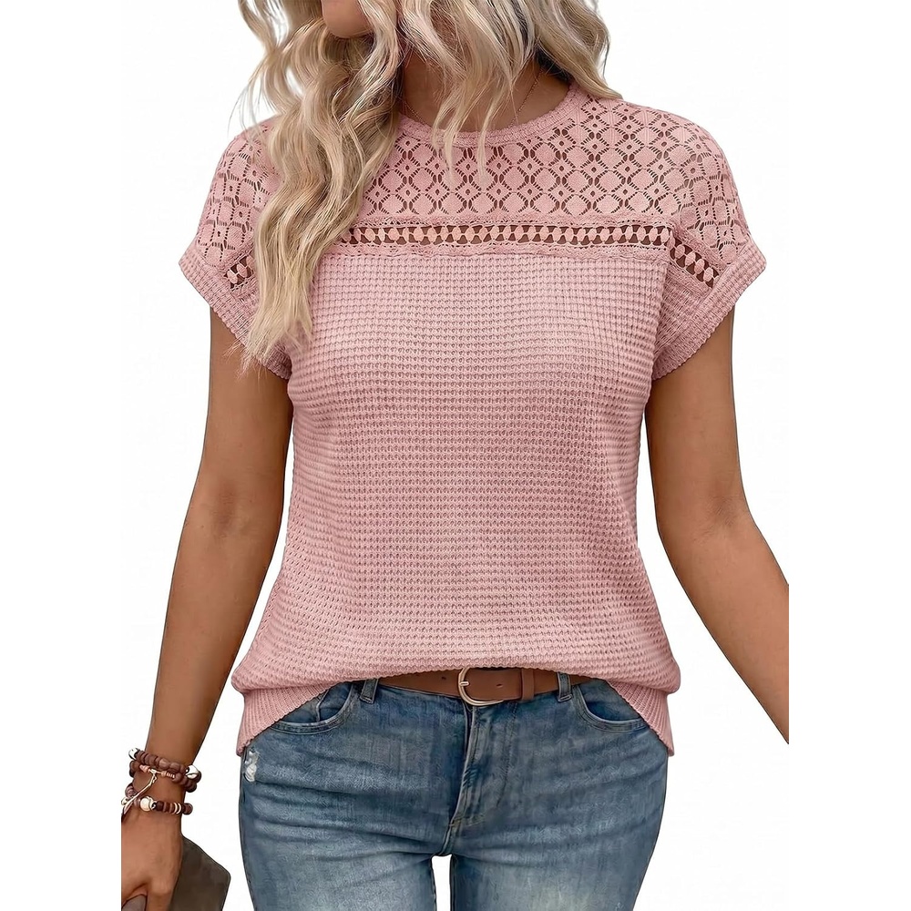 image:imageDokotoo Womens Tops Casual Scoop Neck Short Sleeve Waffle Knit Hollow Out Shirts Loose Tunic Tops BlousesLight Pink