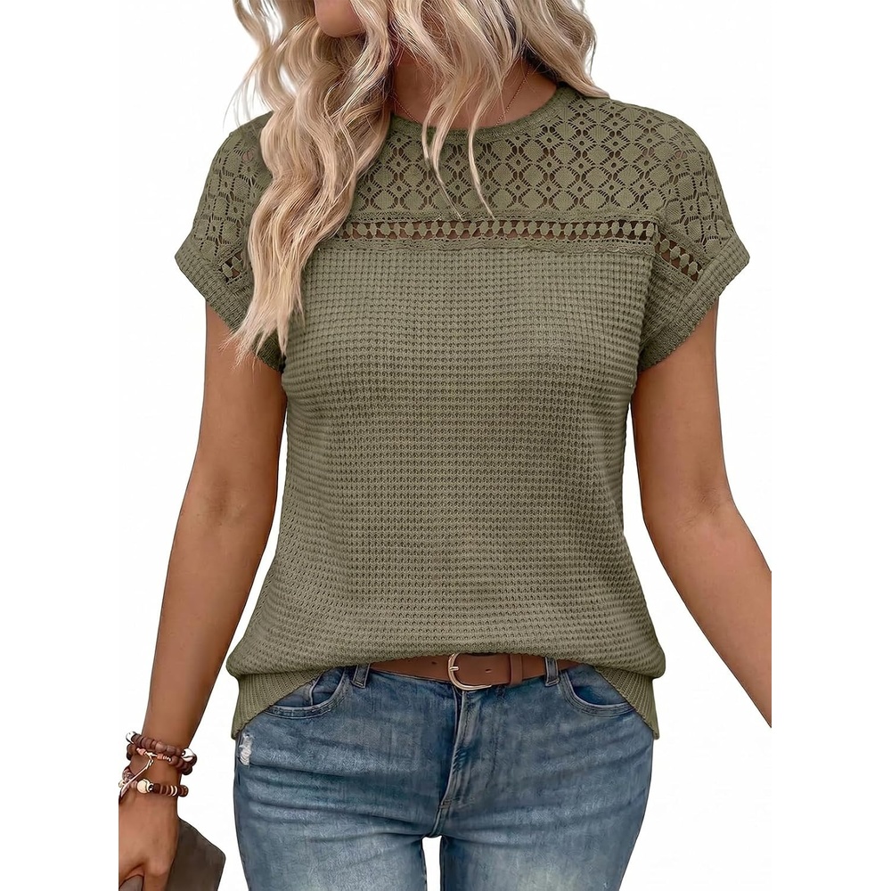 image:imageDokotoo Womens Tops Casual Scoop Neck Short Sleeve Waffle Knit Hollow Out Shirts Loose Tunic Tops BlousesMoss Green