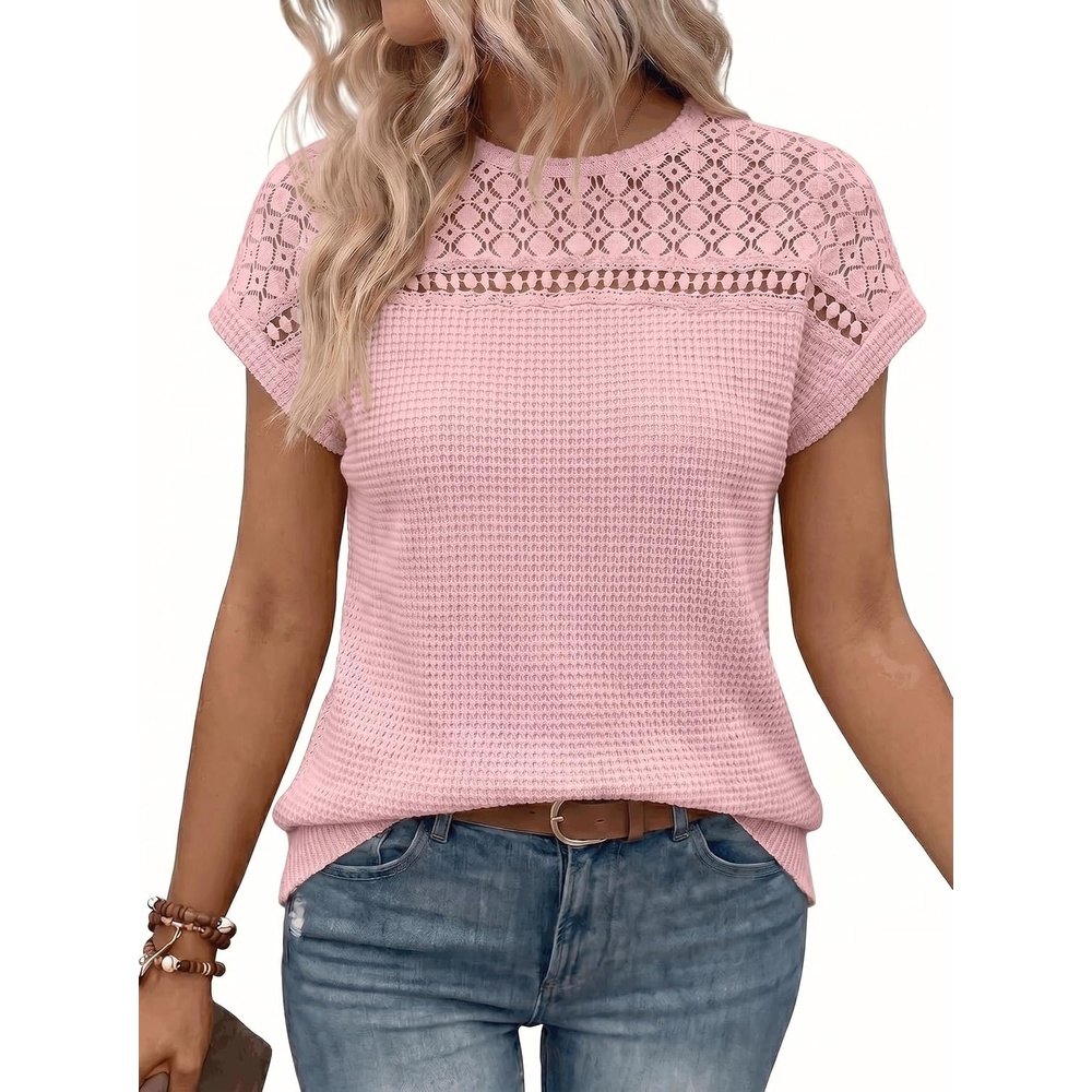image:imageDokotoo Womens Tops Casual Scoop Neck Short Sleeve Waffle Knit Hollow Out Shirts Loose Tunic Tops BlousesPink
