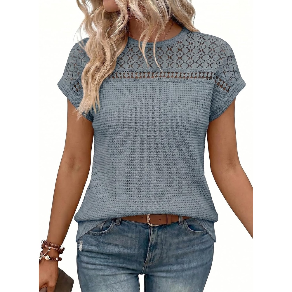 image:imageDokotoo Womens Tops Casual Scoop Neck Short Sleeve Waffle Knit Hollow Out Shirts Loose Tunic Tops BlousesReal Teal