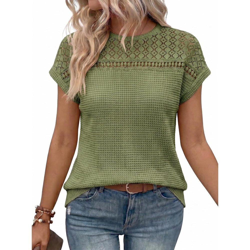 image:imageDokotoo Womens Tops Casual Scoop Neck Short Sleeve Waffle Knit Hollow Out Shirts Loose Tunic Tops BlousesSpinach Green