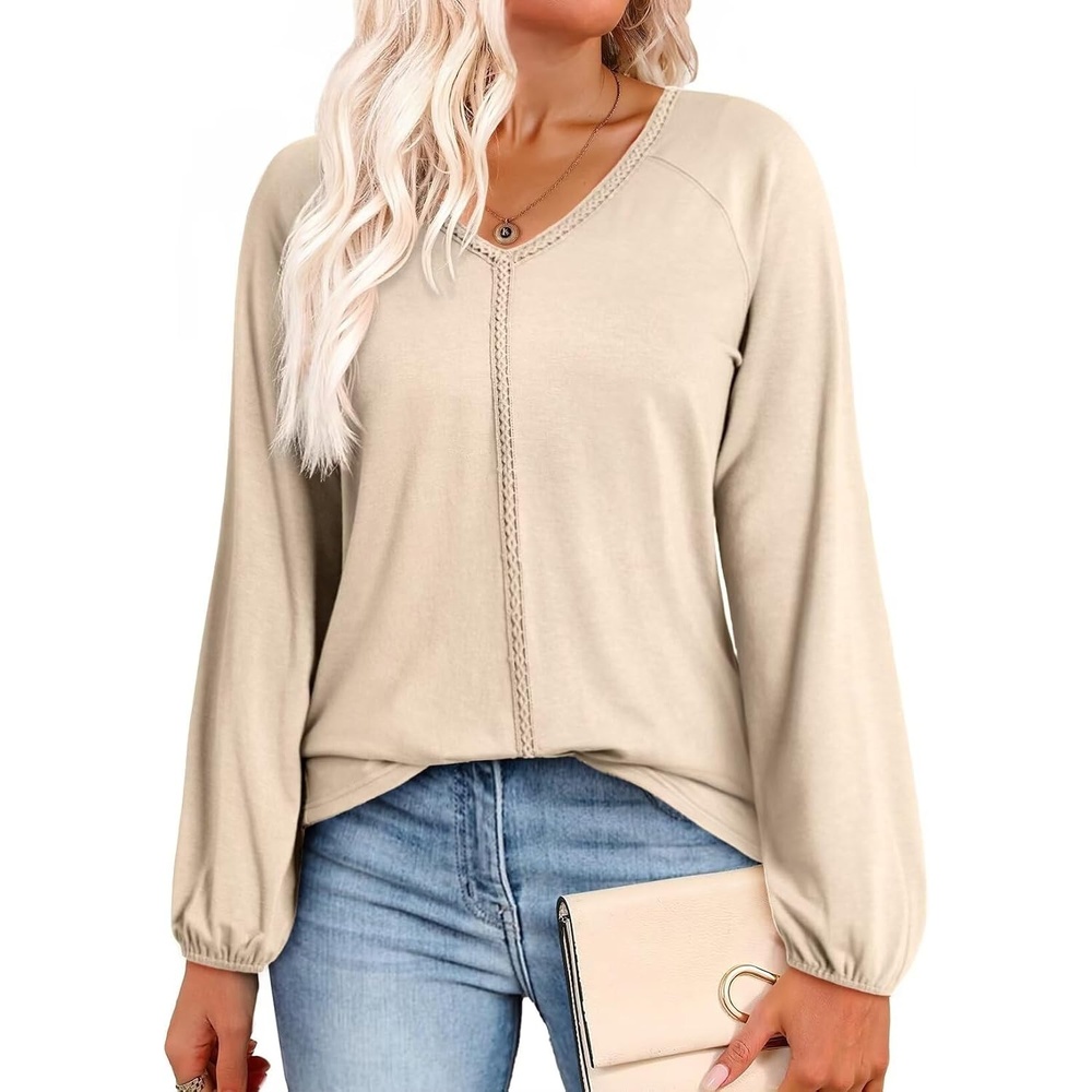 image:imageDokotoo Womens Tops Fashion V Neck Long Sleeve Tops for Women Fall Outfits for Women 2025 Casual Loose BlousesApricot