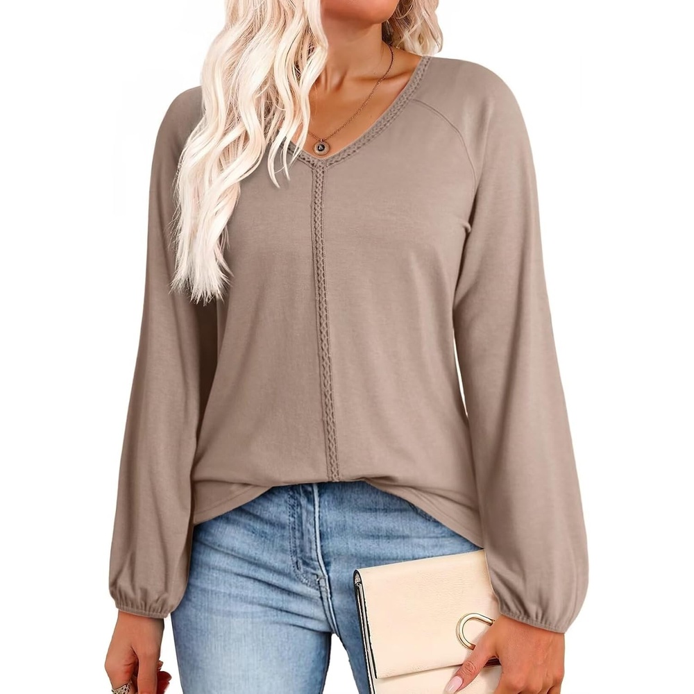 image:imageDokotoo Womens Tops Fashion V Neck Long Sleeve Tops for Women Fall Outfits for Women 2025 Casual Loose BlousesBeige