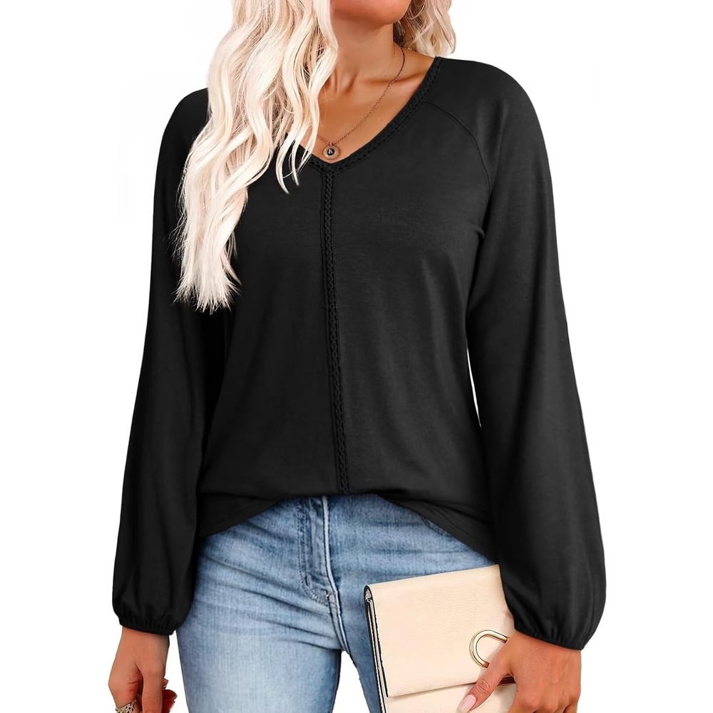 image:imageDokotoo Womens Tops Fashion V Neck Long Sleeve Tops for Women Fall Outfits for Women 2025 Casual Loose BlousesBlack