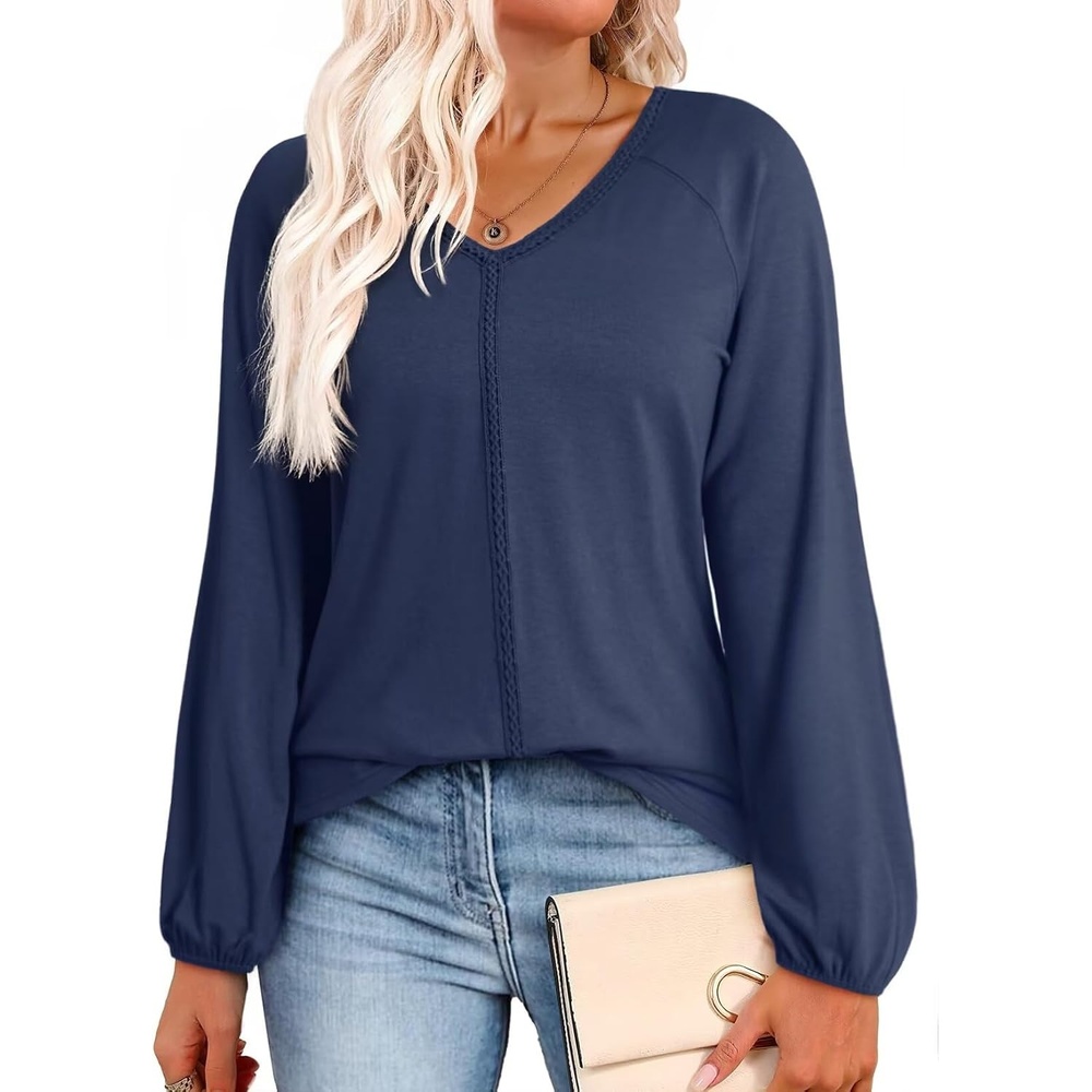 image:imageDokotoo Womens Tops Fashion V Neck Long Sleeve Tops for Women Fall Outfits for Women 2025 Casual Loose BlousesBlue