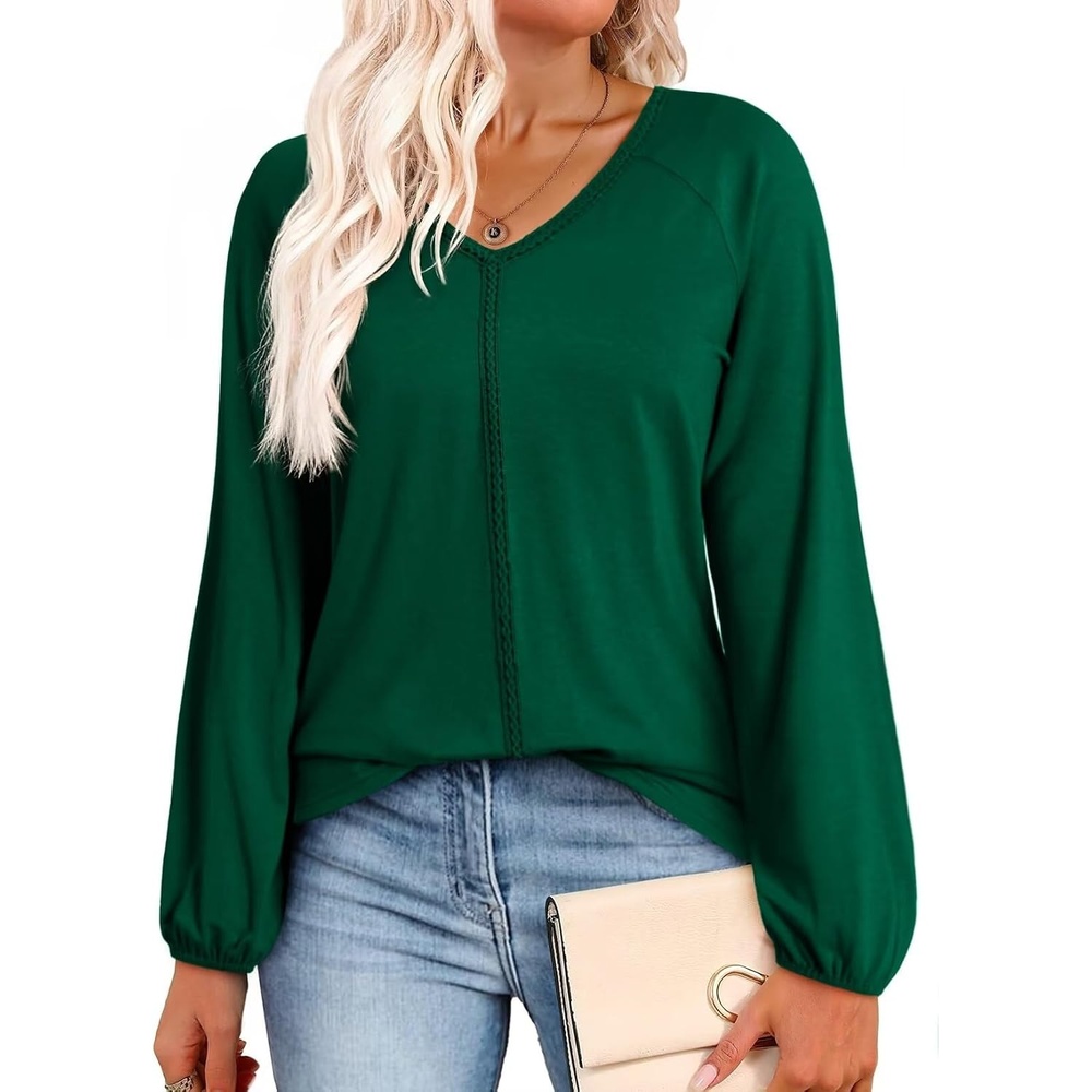 image:imageDokotoo Womens Tops Fashion V Neck Long Sleeve Tops for Women Fall Outfits for Women 2025 Casual Loose BlousesDark Green