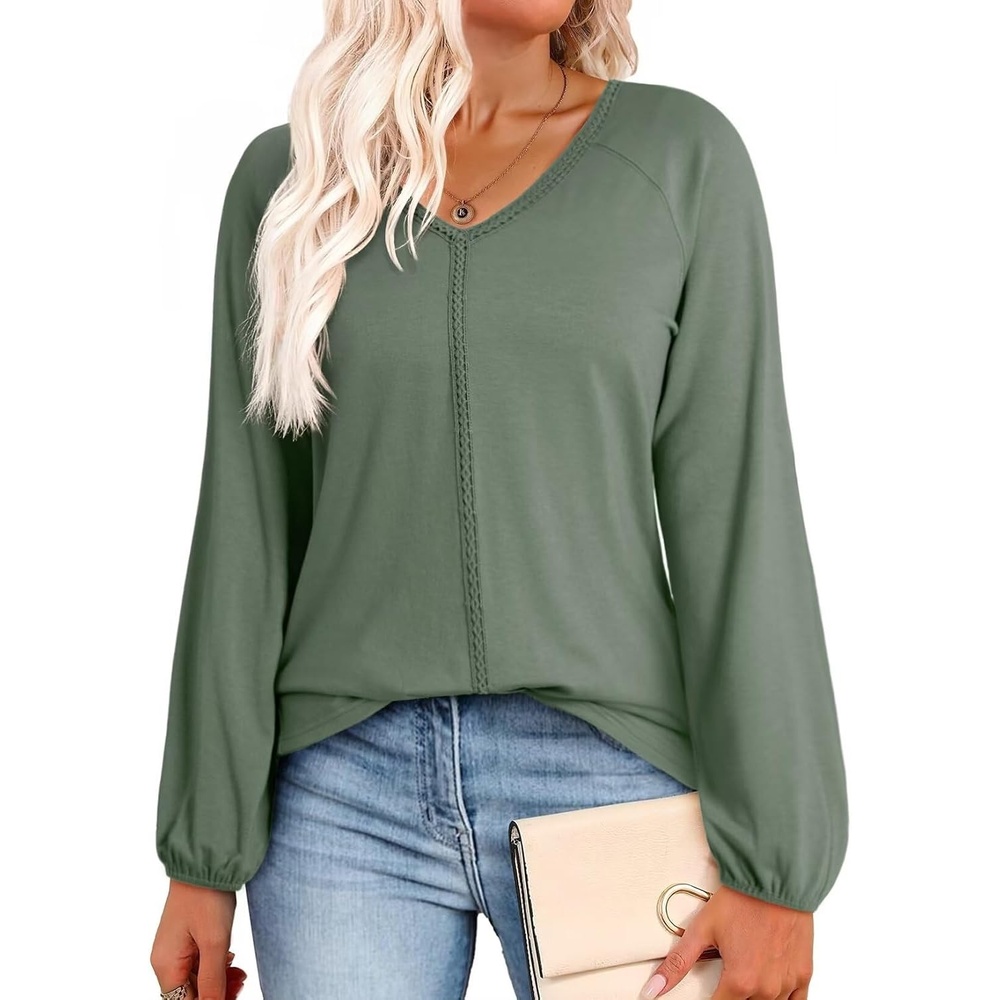 image:imageDokotoo Womens Tops Fashion V Neck Long Sleeve Tops for Women Fall Outfits for Women 2025 Casual Loose BlousesGreen