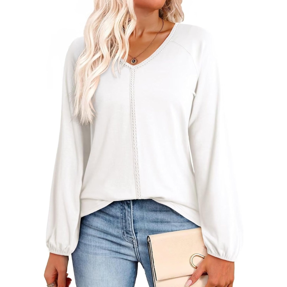 image:imageDokotoo Womens Tops Fashion V Neck Long Sleeve Tops for Women Fall Outfits for Women 2025 Casual Loose BlousesWhite