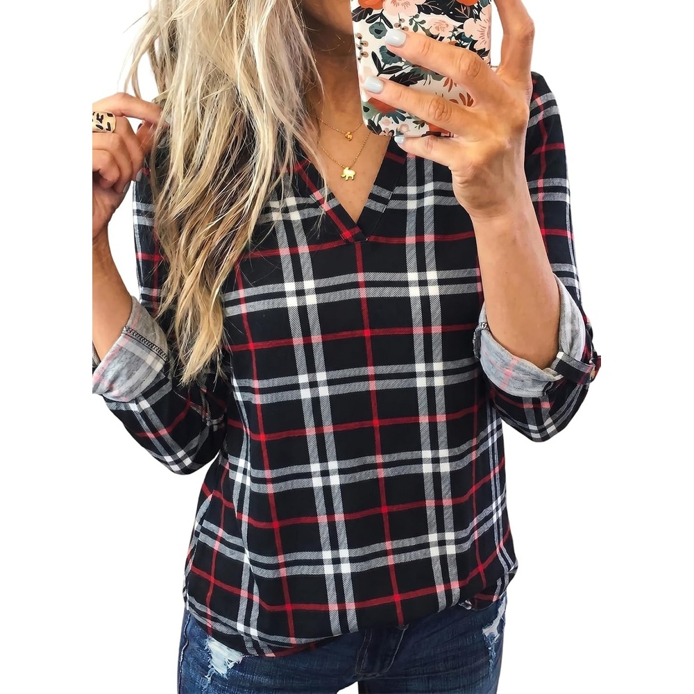 image:imageDokotoo Womens Tops Plaid Cotton Cuffed 34 Sleeve Shirts BlousesBlack