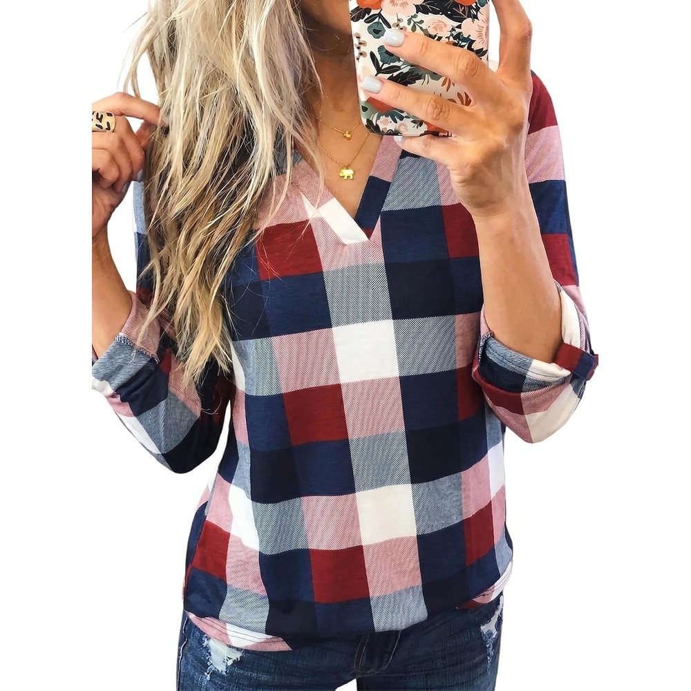 image:imageDokotoo Womens Tops Plaid Cotton Cuffed 34 Sleeve Shirts BlousesBrown 2
