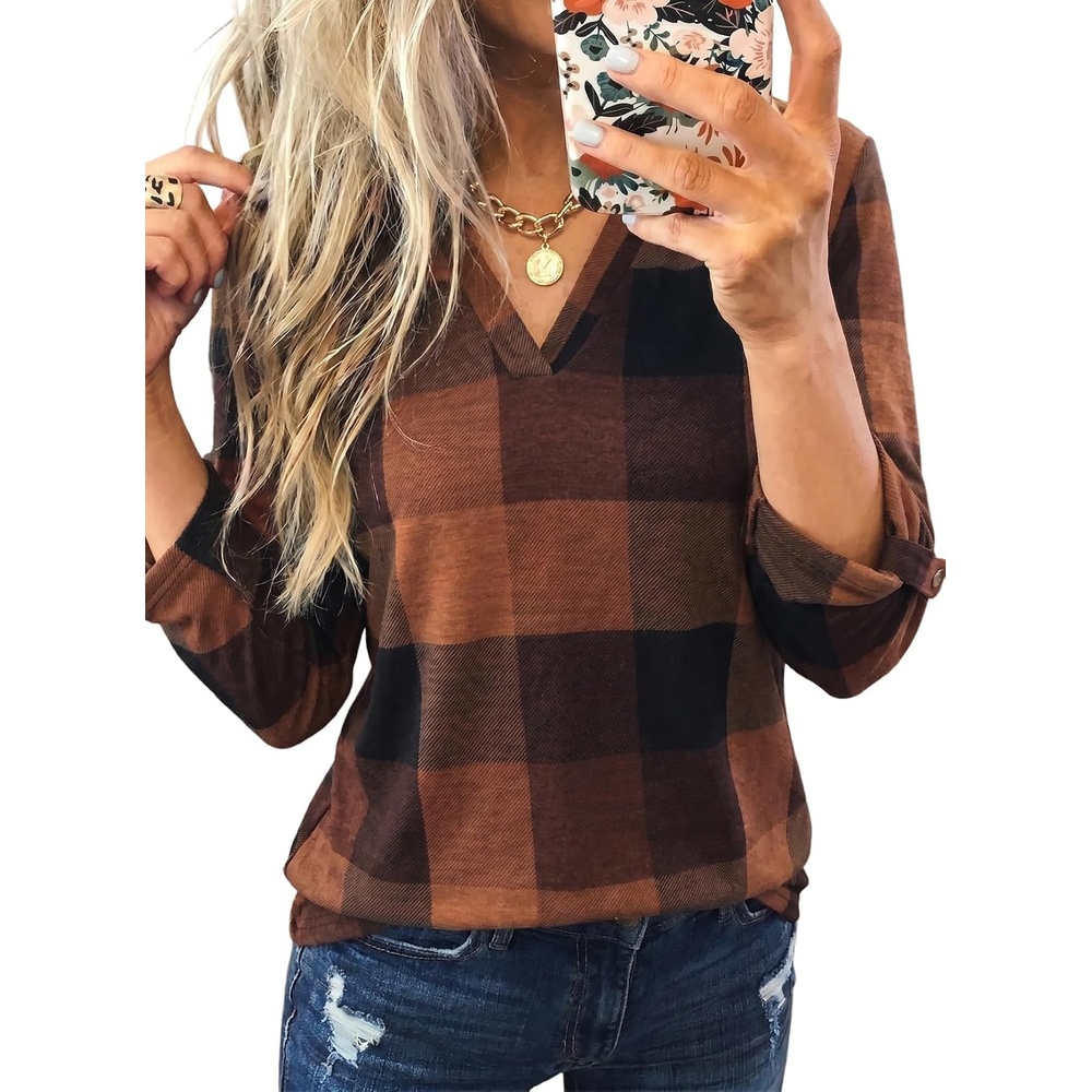 image:imageDokotoo Womens Tops Plaid Cotton Cuffed 34 Sleeve Shirts BlousesBrown