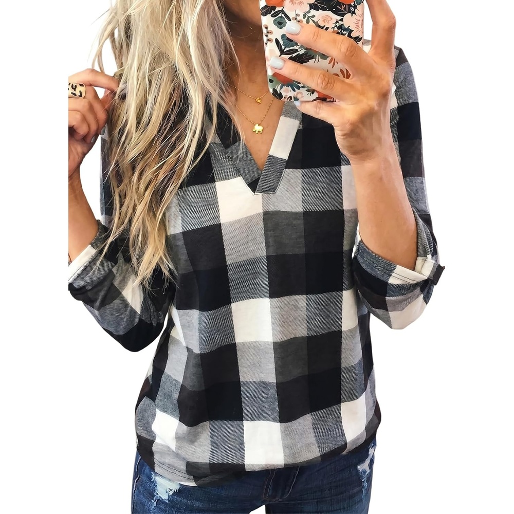 image:imageDokotoo Womens Tops Plaid Cotton Cuffed 34 Sleeve Shirts BlousesGray