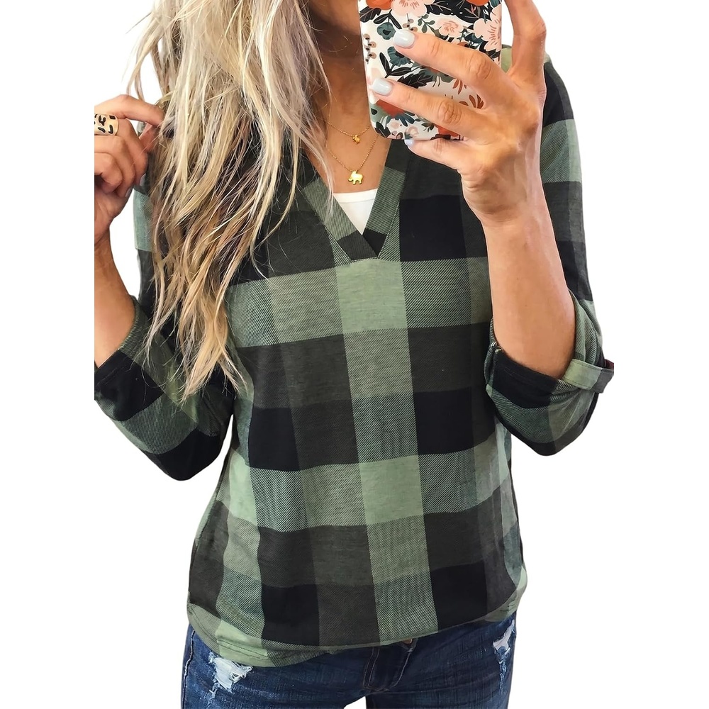image:imageDokotoo Womens Tops Plaid Cotton Cuffed 34 Sleeve Shirts BlousesGreen 3