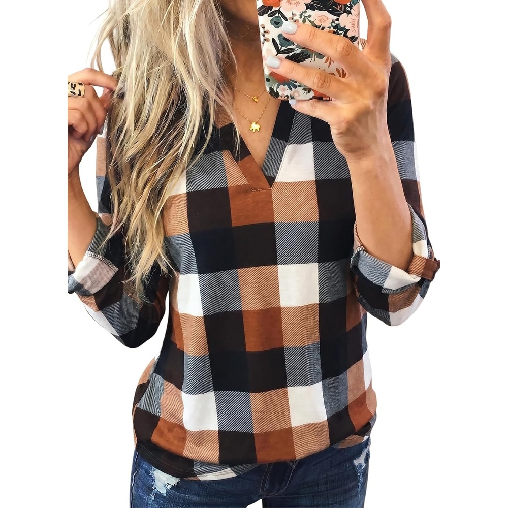 image:imageDokotoo Womens Tops Plaid Cotton Cuffed 34 Sleeve Shirts BlousesOrange