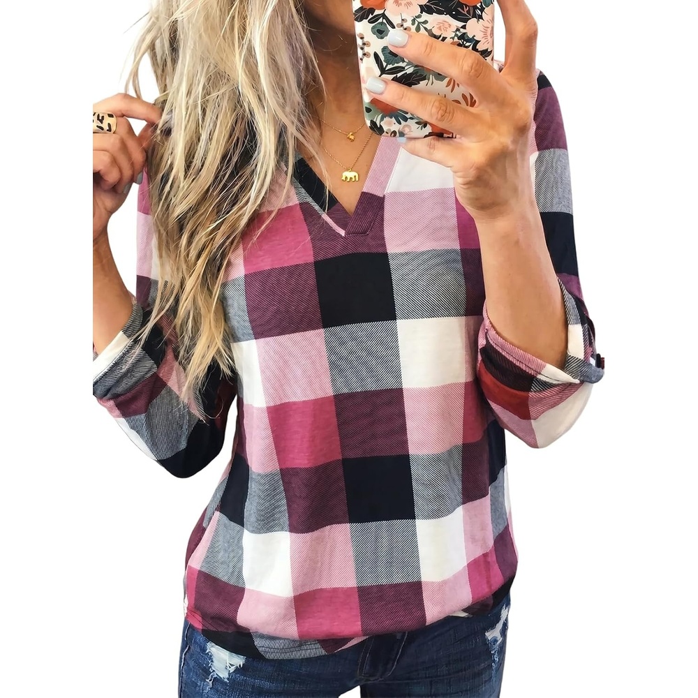 image:imageDokotoo Womens Tops Plaid Cotton Cuffed 34 Sleeve Shirts BlousesPink
