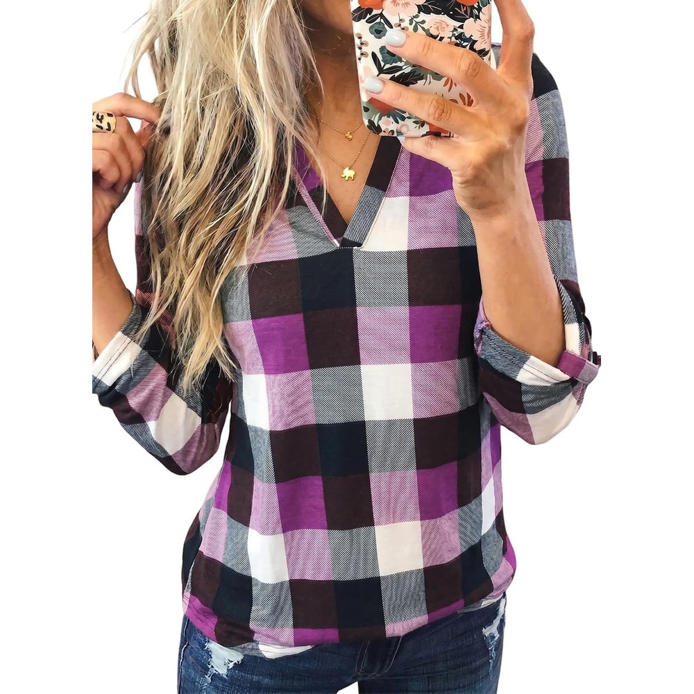 image:imageDokotoo Womens Tops Plaid Cotton Cuffed 34 Sleeve Shirts BlousesPurple