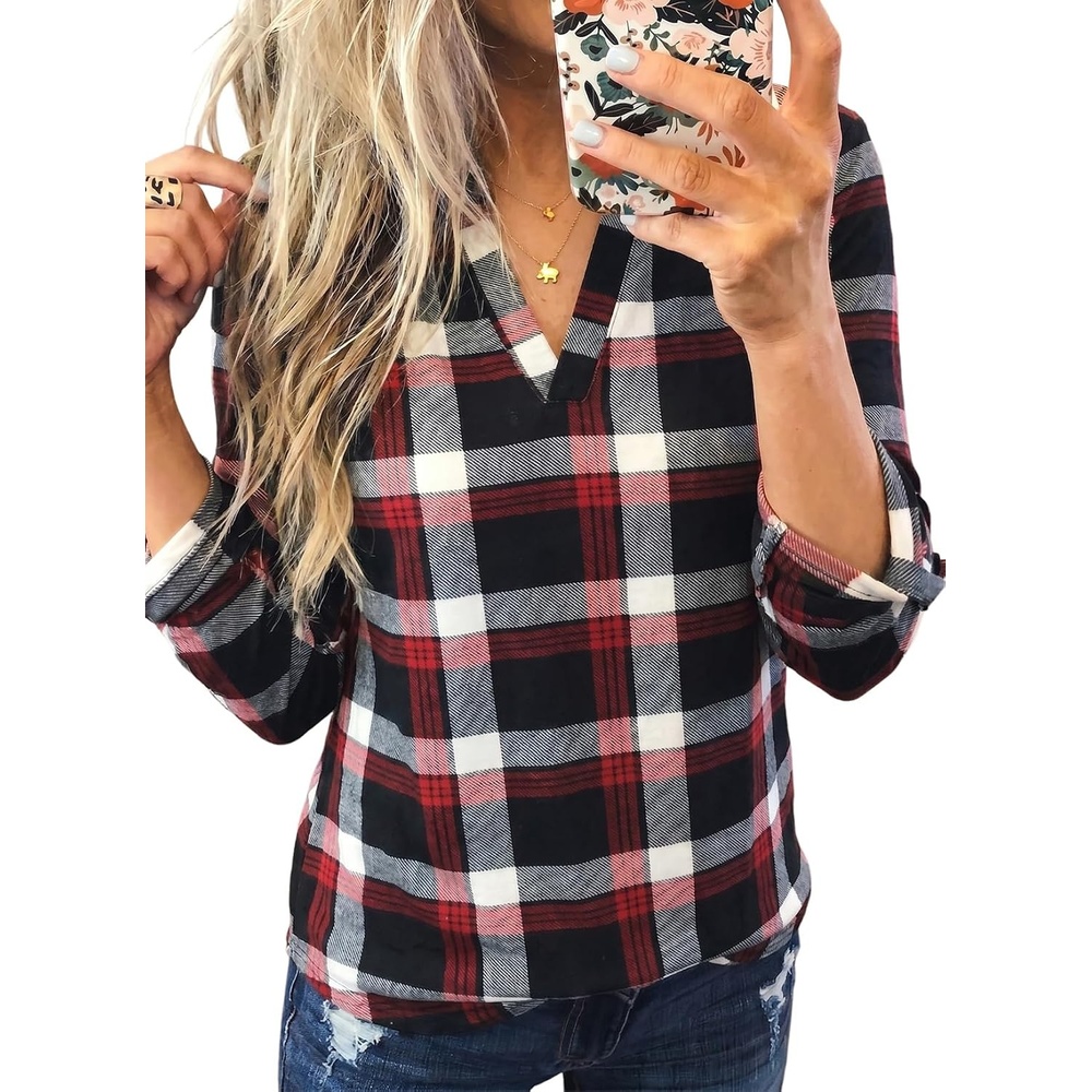 image:imageDokotoo Womens Tops Plaid Cotton Cuffed 34 Sleeve Shirts BlousesRed 3