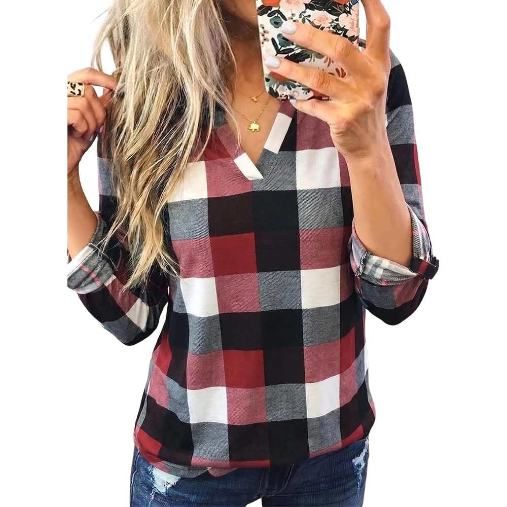 image:imageDokotoo Womens Tops Plaid Cotton Cuffed 34 Sleeve Shirts BlousesRed