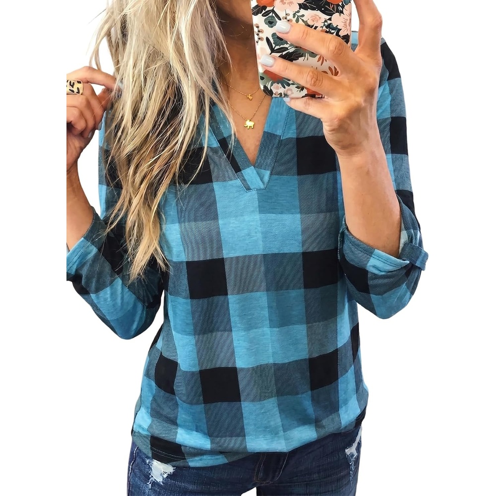 image:imageDokotoo Womens Tops Plaid Cotton Cuffed 34 Sleeve Shirts BlousesSky Blue 2