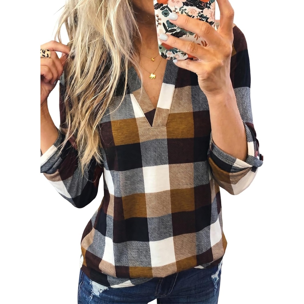 image:imageDokotoo Womens Tops Plaid Cotton Cuffed 34 Sleeve Shirts BlousesYellow