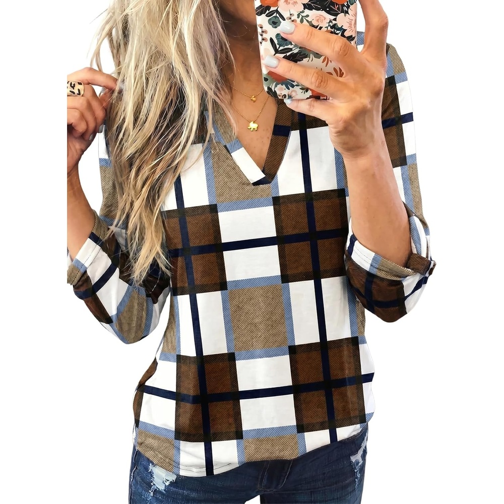 image:imageDokotoo Womens Tops Plaid Cotton Cuffed 34 Sleeve Shirts BlousesZ Brown