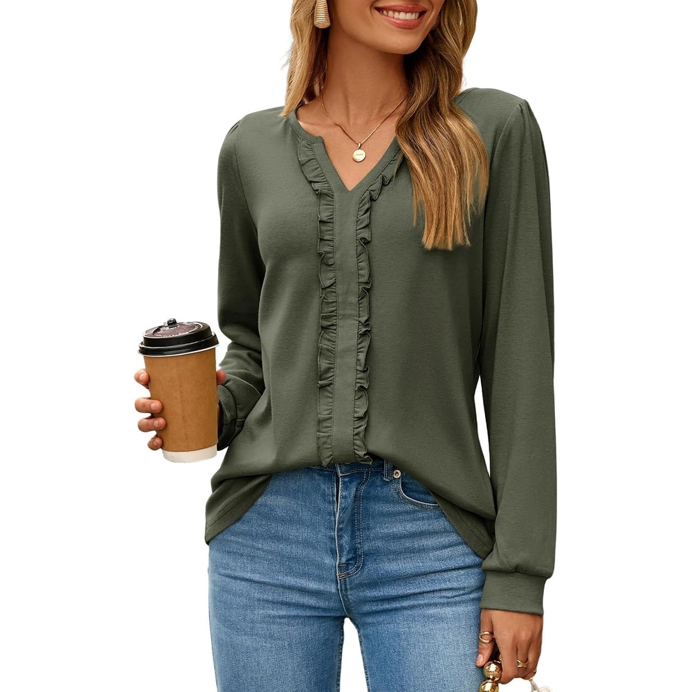 image:imageDokotoo Womens V Neck Ruffle Blouses Long Sleeve Casual Work Tops Loose Fit Pullover ShirtsGreen