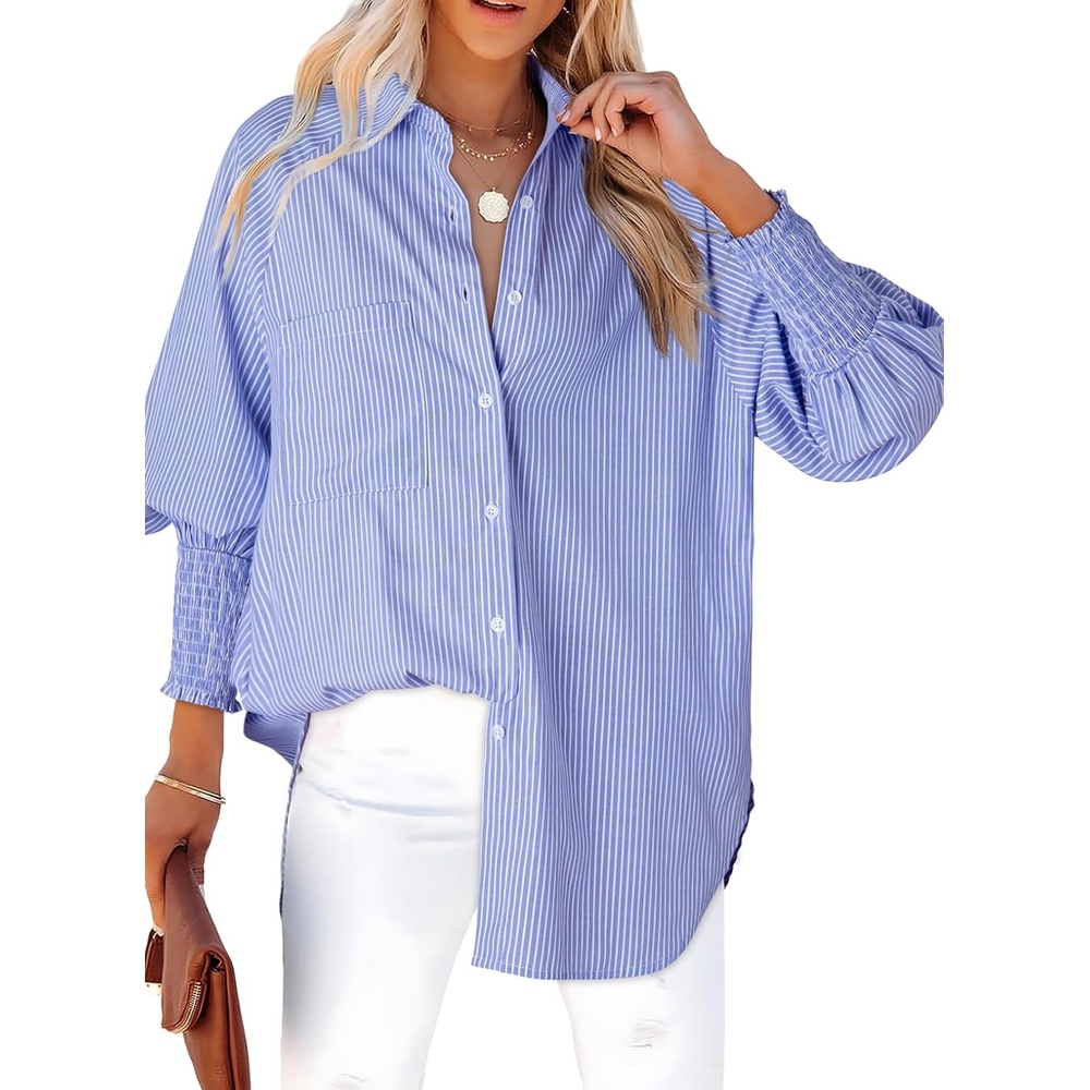 image:imageDokotoo Womens V Neck Striped Button Down Shirts Long Sleeve Tunic TopsBlue