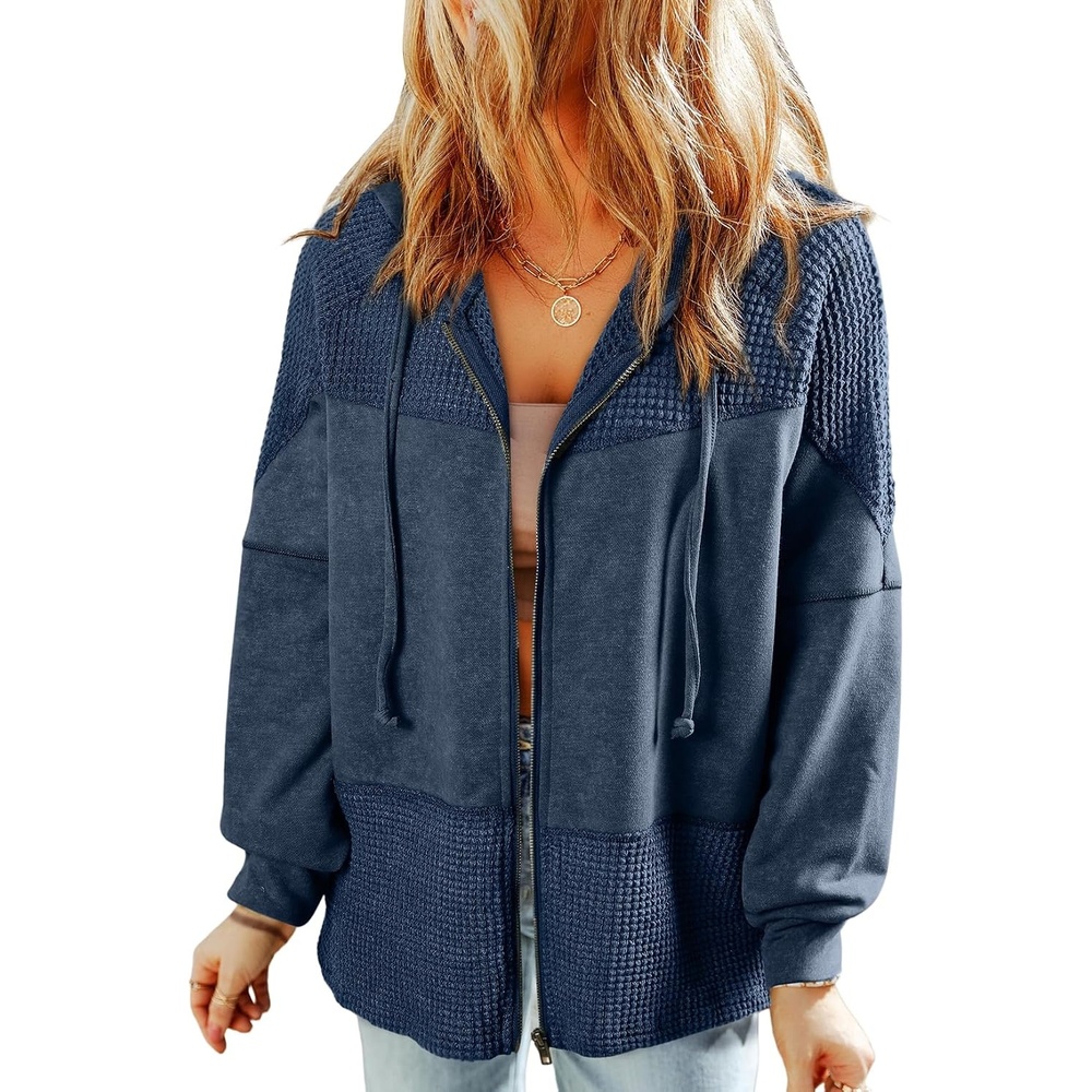 image:imageDokotoo Womens Waffle Knit Hoodies Zip Up Drawstring Oversized JacketsBlue