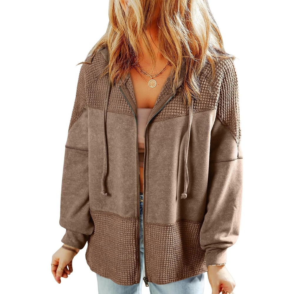 image:imageDokotoo Womens Waffle Knit Hoodies Zip Up Drawstring Oversized JacketsBrown