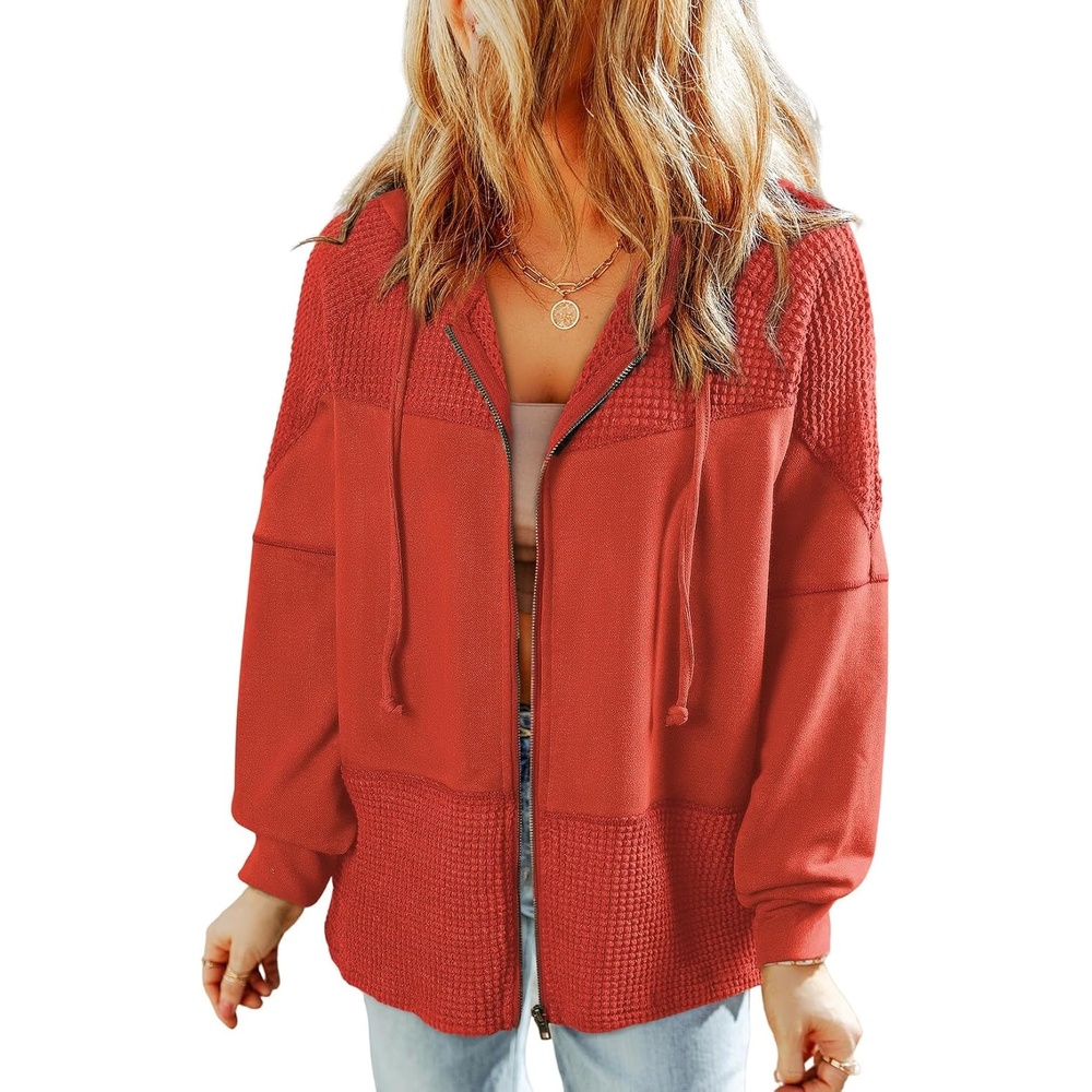 image:imageDokotoo Womens Waffle Knit Hoodies Zip Up Drawstring Oversized JacketsGold Flame