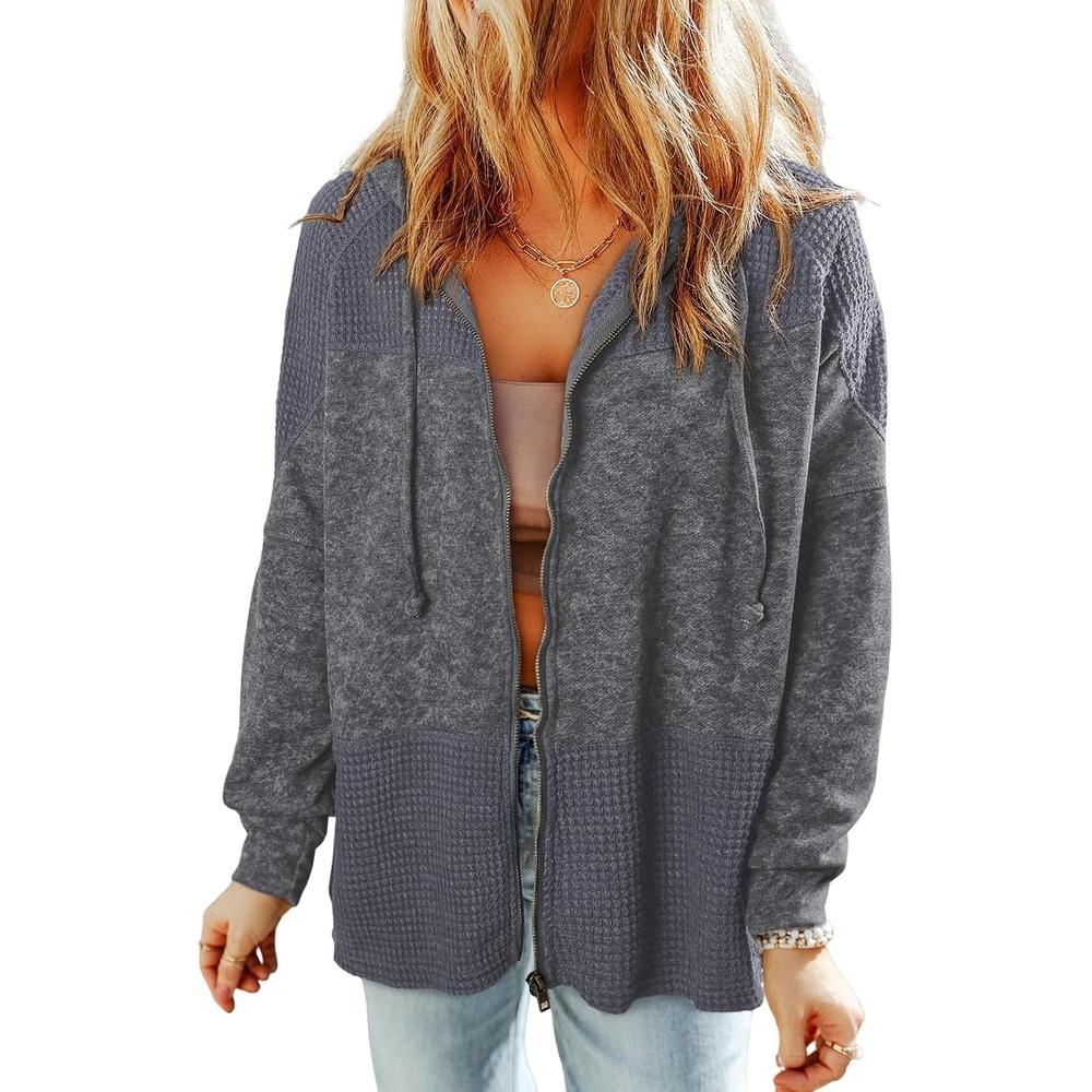 image:imageDokotoo Womens Waffle Knit Hoodies Zip Up Drawstring Oversized JacketsGray