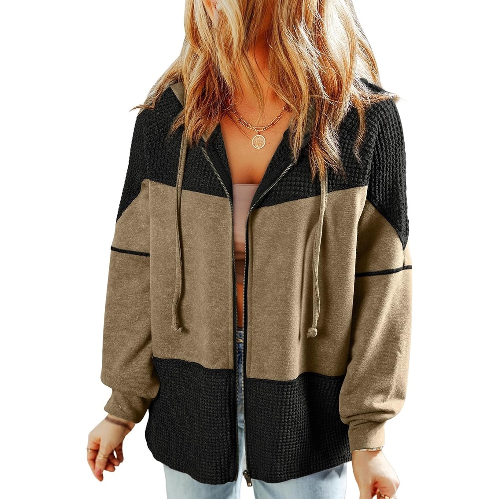 image:imageDokotoo Womens Waffle Knit Hoodies Zip Up Drawstring Oversized JacketsKhaki