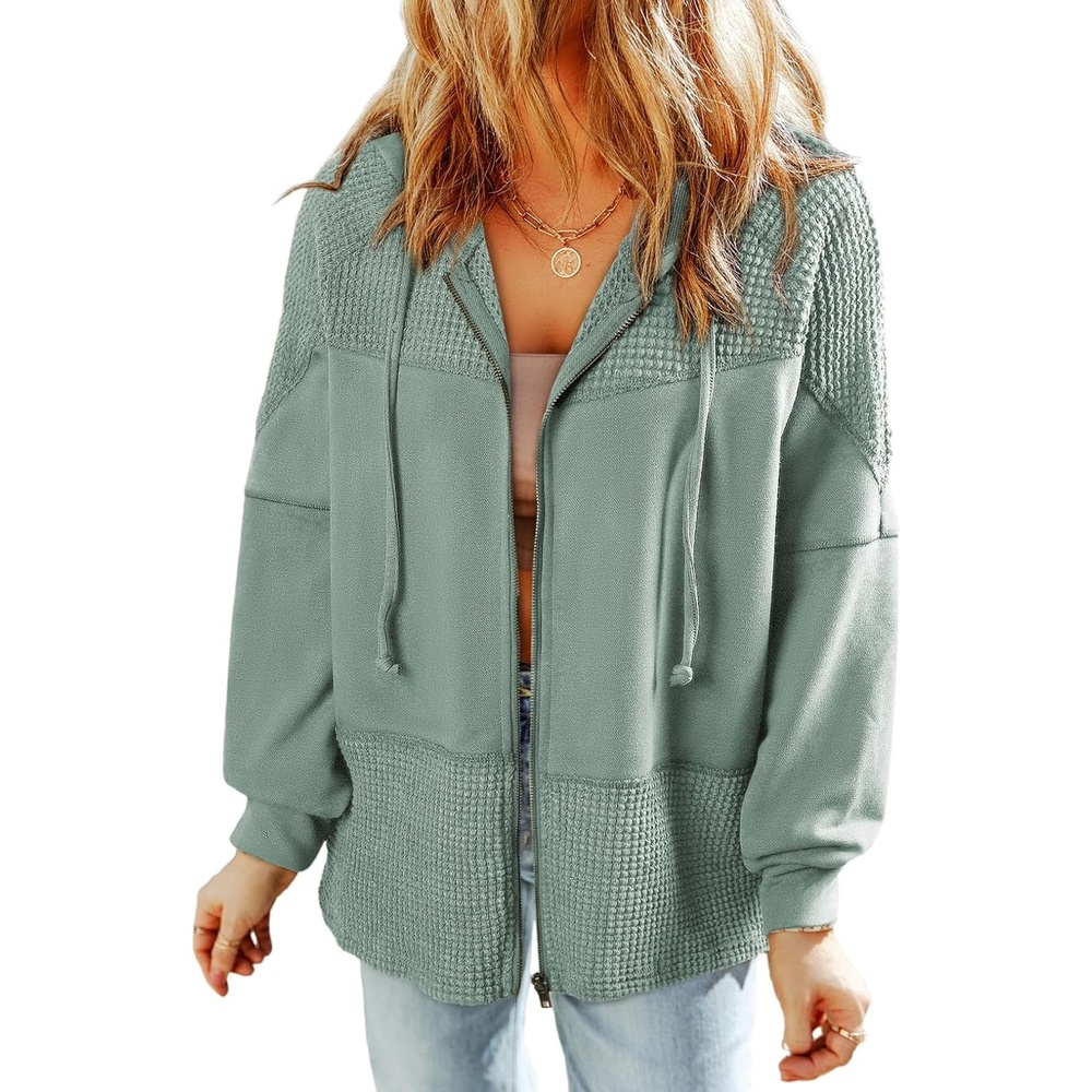 image:imageDokotoo Womens Waffle Knit Hoodies Zip Up Drawstring Oversized JacketsLaurel Green