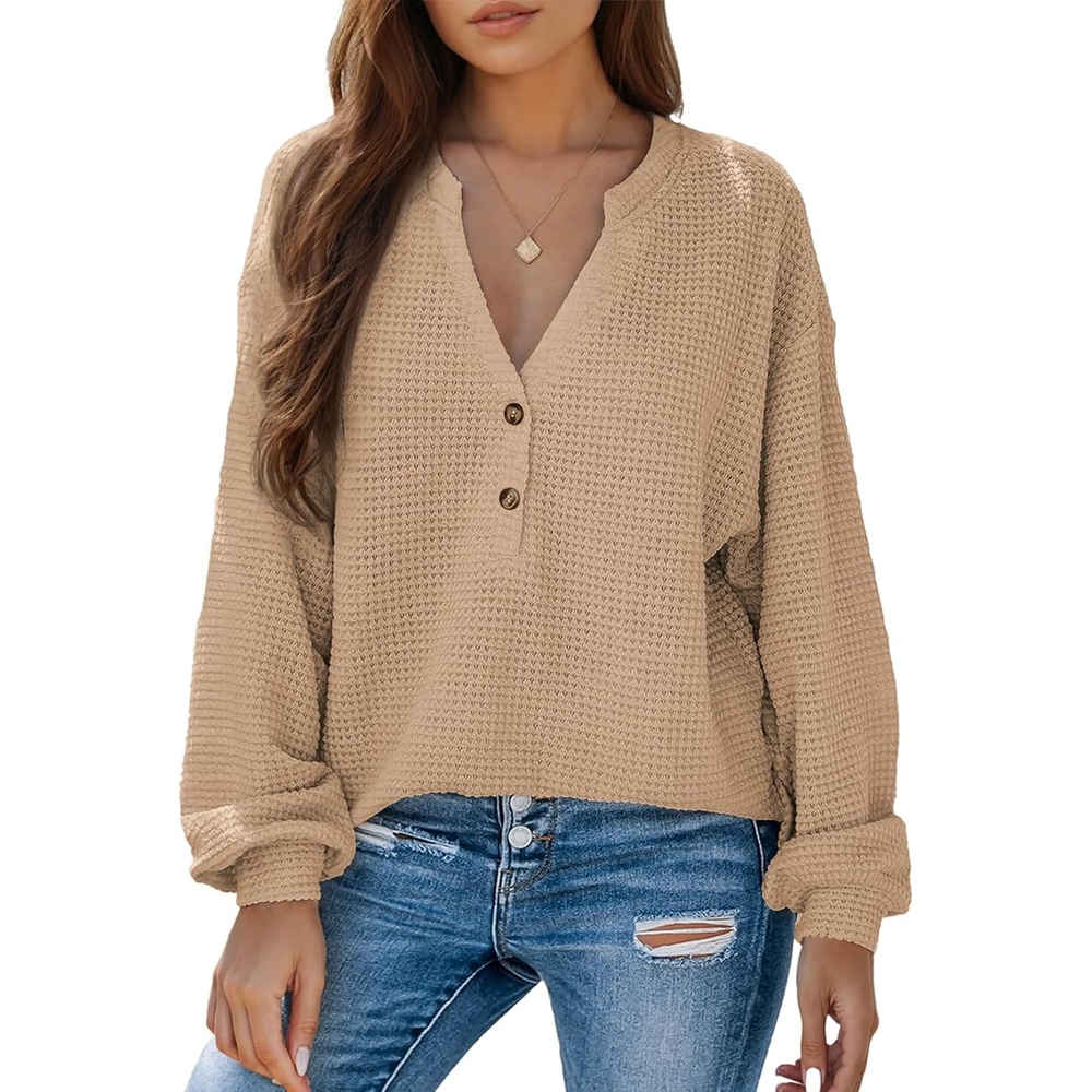 image:imageDokotoo Womens Waffle Knit Tops 2026 Dressy Casual Button Shirts Long Sleeve V Neck Blouses Basic TeeApricot